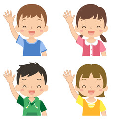 笑顔で元気に手をあげて返事をする女の子と男の子　セット　子ども　イラスト