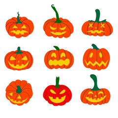 Set of Halloween pumpkins. Creepy scary pumpkin is a Halloween symbol. Vector illustration in a flat style. Design for printed products, invitation cards, banners