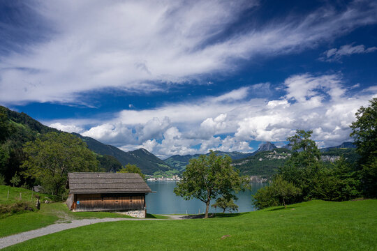 Vue depuis la plaine du Gr&uuml;tli en Suisse