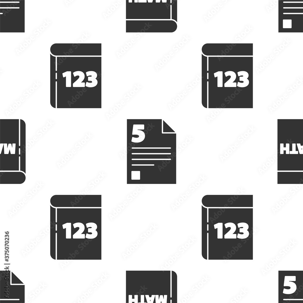 Poster set book with word mathematics, test or exam sheet and book with word mathematics on seamless patter