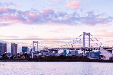 Odaiba Rainbow bridge with Tokyo bay view at evening sunset sky