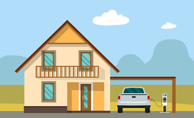House and electric pickup car on charging against the background of an abstract landscape. Vector illustration. © lyudinka