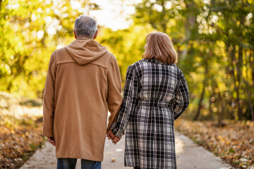 Fototapeta premium Romantic senior couple is walking in park in autumn.
