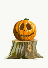 A hand drawn illustration of a pumpkin on top of tree trunk.  Carved pumpkin with big green and large eyes set against white background with customisation options and copy space
