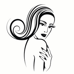 Woman with elegant hairstyle, manicure and makeup.Hair salon, nails art and beauty studio logo.Hairdresser, cosmetics and spa icon.Young lady portrait.Beautiful face isolated on white background.