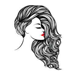 Woman with elegant hairstyle and makeup.Beauty salon logo.Hairdresser, cosmetics and spa icon.Young lady portrait.Beautiful face isolated on white background.Long, wavy hair.Red lipstick.