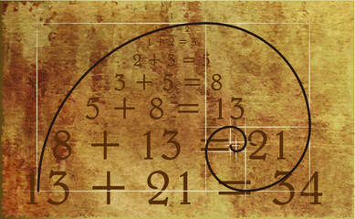 Leonardo da Vinci day. The golden ratio template spiral. Fibonacci number. Circles in golden proportion icon. Mathematics mat formula code. Drawing Physics, grid divine proportion. line pattern. Geome
