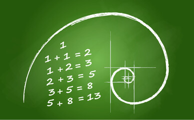 Leonardo da Vinci day. The golden ratio template spiral. Fibonacci number. Circles in golden proportion icon. Mathematics mat formula code. Drawing Physics, grid divine proportion. line pattern. Geome