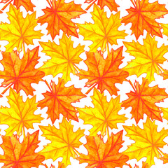 Naklejka na ściany i meble Watercolor autumn maple leaves seamless pattern. Colorful fall background and texture