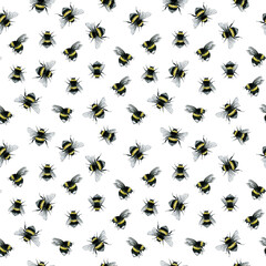 bumblebee watercolor flying insect organic nature seamless pattern illustration, hand drawing