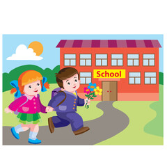 children, boy and girl joyfully with backpacks run autumn to school, cartoon illustration, vector,