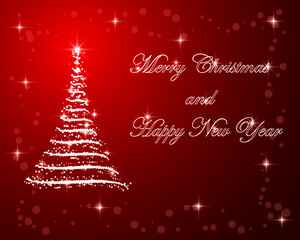 christmas card with christmas tree with lights and red background