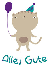 Katze mit Luftballon Alles GUTE Postkarte Illustration, Poster Kinderzimmer, Geburtstag, Party