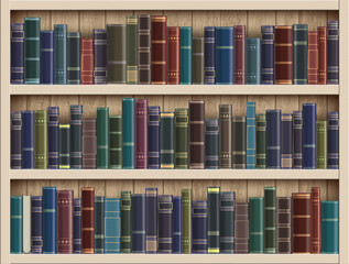 Many books on a wooden bookshelf in the library.