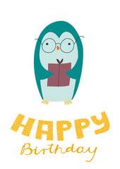 Karte Pinguin mit Geschenk HAPPY BIRTHDAY Postkarte, Kunstdruck, Tier Illustration mit weißem Hintergrund