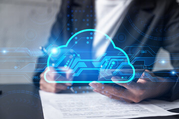 Data cloud drawing and a woman signing contract use phone. Double exposure.