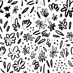 Hand drawn seamless pattern with black ink flower. Grunge dry paint rough brush strokes. Monochrome floral backdrop