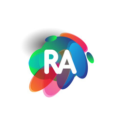 Letter RA logo with colorful splash background, letter combination logo design for creative industry, web, business and company.