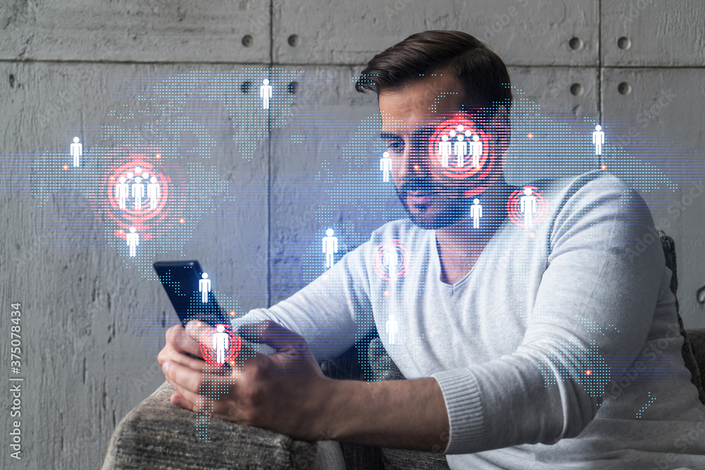 Poster double exposure of world map drawing hologram and a man searching information on phone in internet.