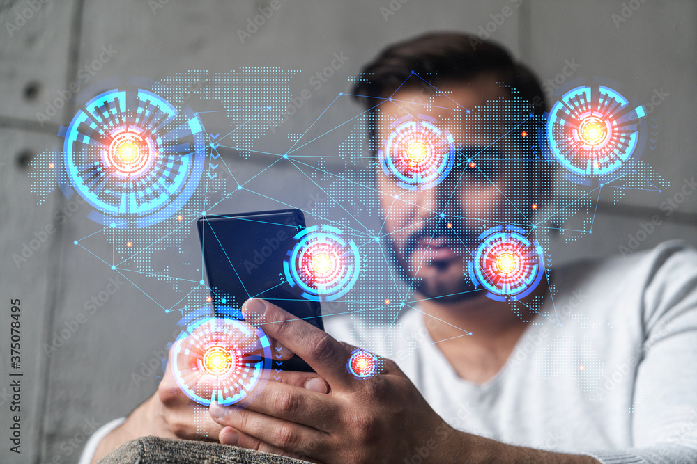 Poster double exposure of world map drawing hologram and a man searching information on phone in internet.