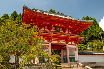 Entrance gate of Banshu-Kiyomizu temple in Kato city, Hyogo, Japan.  Translation: Chinese characters on the plate say "Mitakesan (temple name).