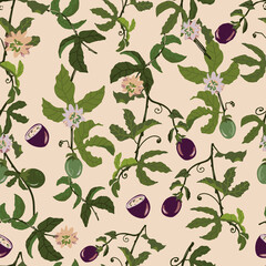 Vector seamless pattern with passionfruit in a cream background.