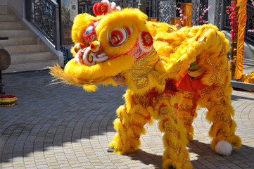 Colorful traditional Chinese Lion dance costumes often used in performances to celebrate Chinese New Year