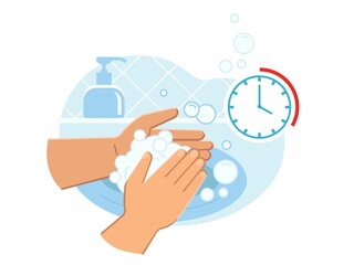 Person washing hands in sink carefully with soap foam from dispenser for 20-30 seconds to prevent coronavirus infection close up. Everyday hygiene essentials. Safety during COVID-19 pandemia.