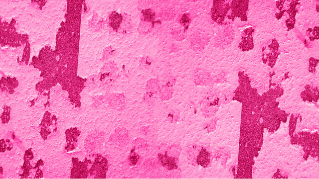Grunge rough rustic abstract exfoliated peeled colorful magenta pink painted woodchip wallpaper texture background