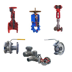 six modern shut-off valves with automatic and manual control for a gas pipeline isolated on a white background. Lengthwise cut