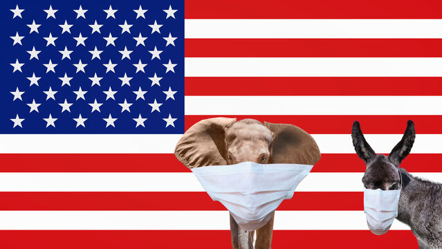 Republican Elephant And Democratic Donkey with US flag in the background - Elephant and donkey wearing protection medical mask for Corona virus (Covid-19)