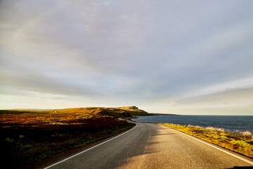 Landscape with road in tundra in Norway at cloudy evening