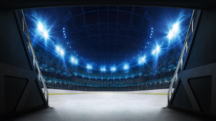 Stadium tunnel leading to playground. Players entrance to illuminated ice hockey stadium full of fans. Digital 3D illustration background for sport advertisement. 