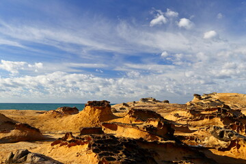Fototapeta na wymiar Natural rock formation at Yehliu Geopark, one of most famous wonders in Wanli, New Taipei City, Taiwan.