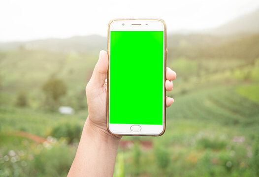 Close up of hand holding smartphone with blank screen on the mountain background.