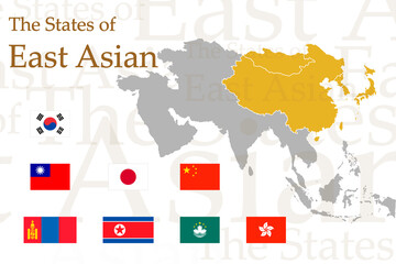 Set of icons for East Asian flags. Vector image of flags and maps of Asia on a white background. You can use it to create a website, print, brochures, booklets, leaflets, and travel guides.