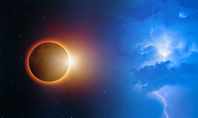 Solar Eclipse with stormy sky and lightning "Elements of this image furnished by NASA "