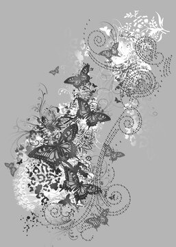 grunge floral background with butterfly and swirls