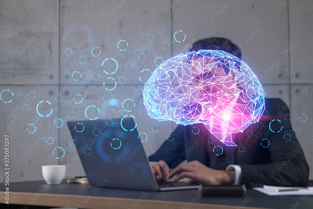 Poster businessman in office working with laptop technology ai typing computer assemble data drawing concep