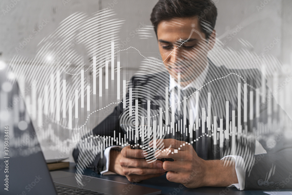 Poster trader in office working with smartphone, forex graph hologram to analyze market behavior, typing ph