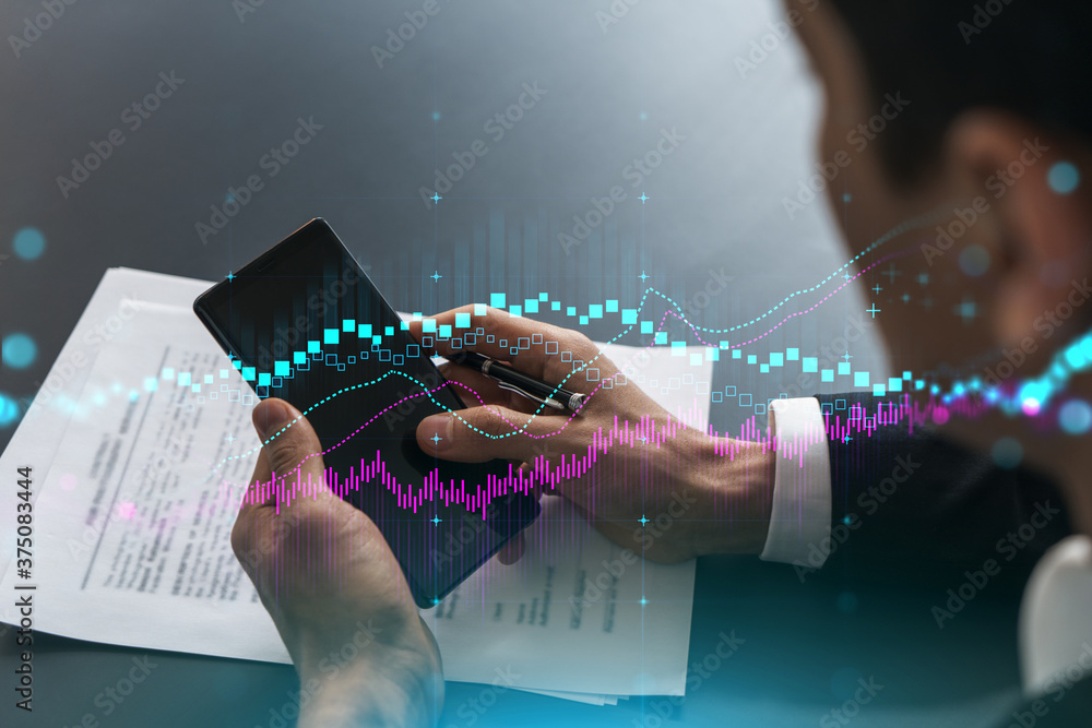 Poster trader in office working with smartphone, forex graph hologram to analyze market behavior, typing ph