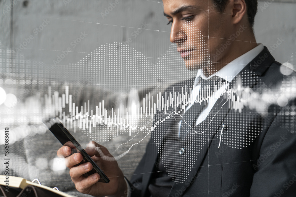 Poster trader in office working with smartphone, forex graph hologram to analyze market behavior, typing ph