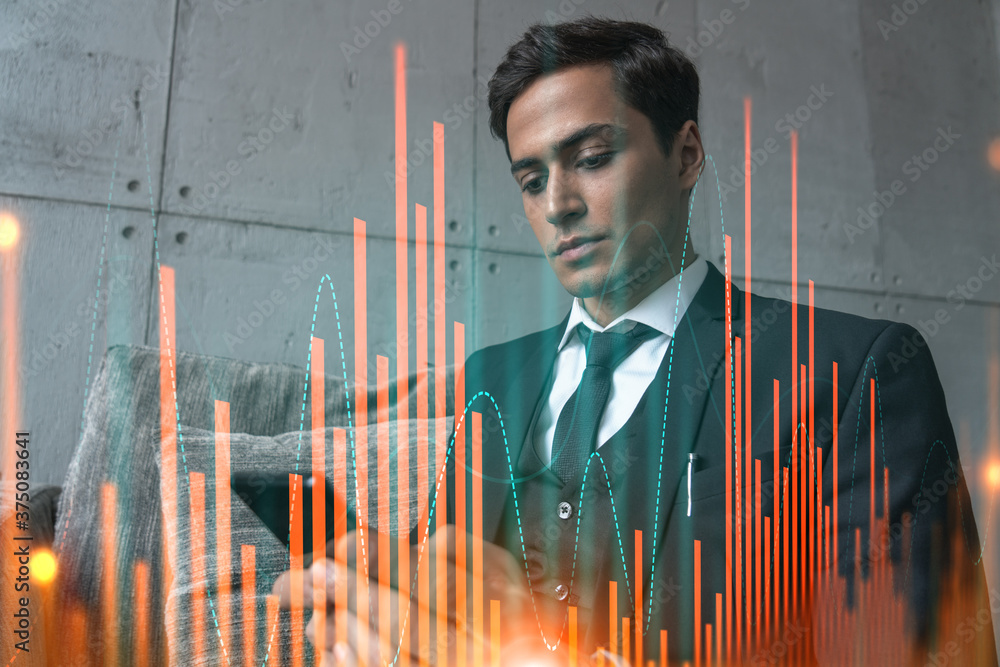 Poster trader in office working with smartphone, forex graph hologram to analyze market behavior, typing ph