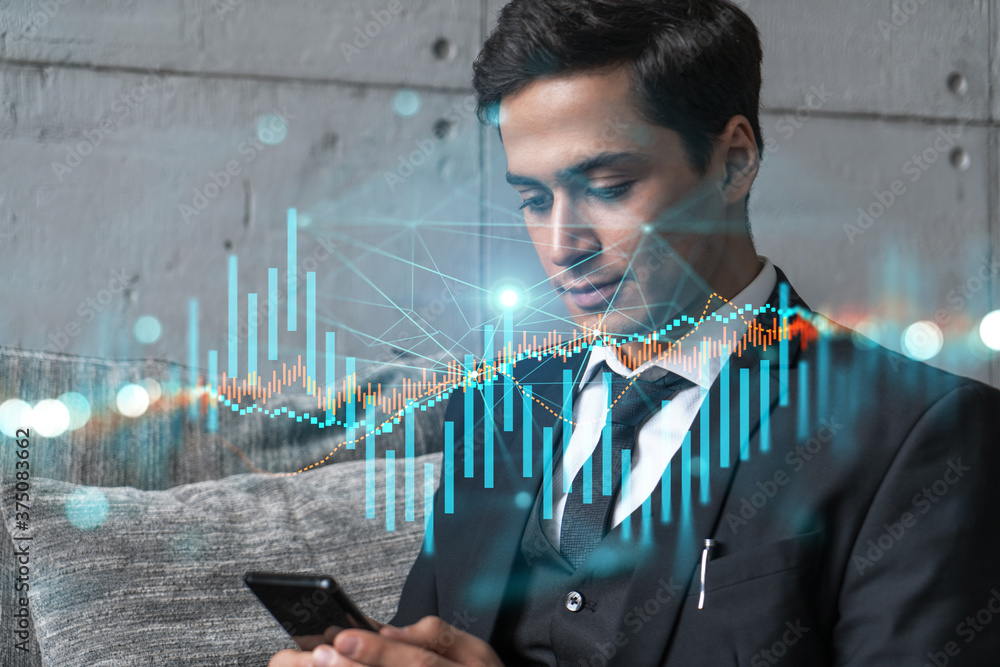 Poster trader in office working with smartphone, forex graph hologram to analyze market behavior, typing ph