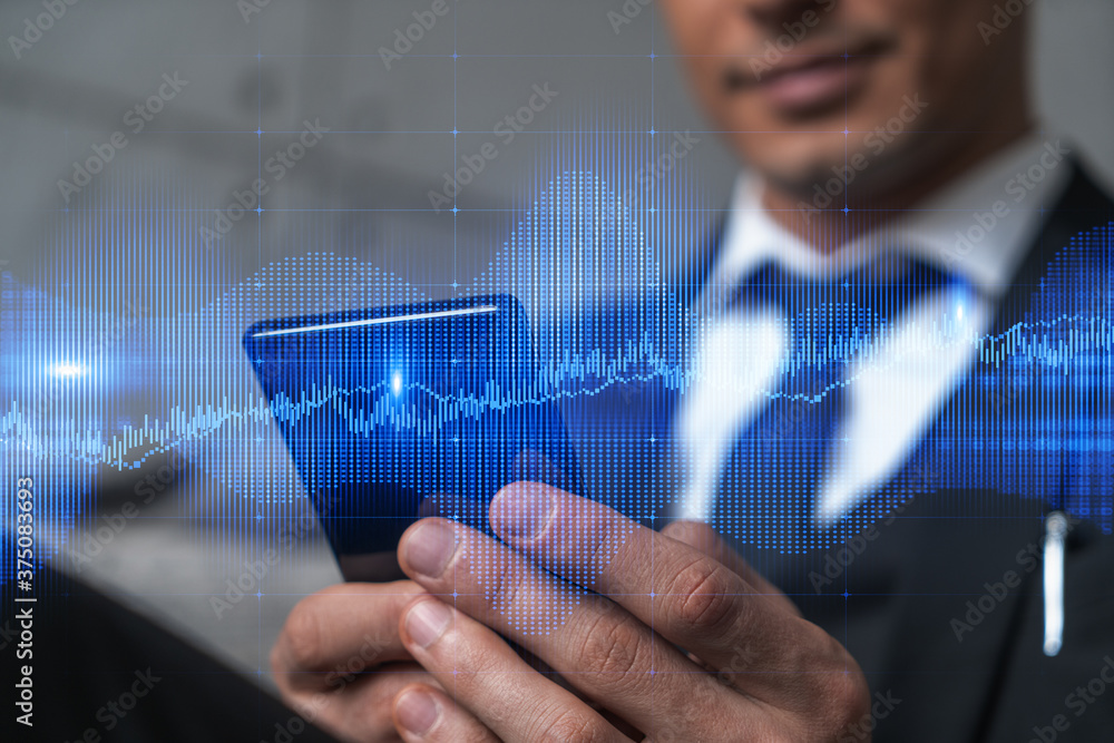 Poster trader in office working with smartphone, forex graph hologram to analyze market behavior, typing ph