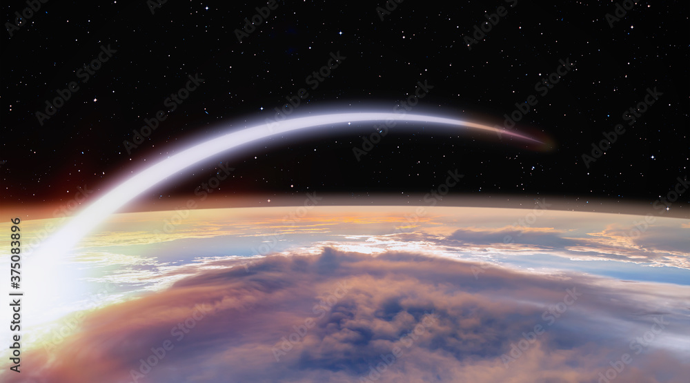 Poster planet earth with a spectacular sunset - long exposure night time rocket launch 