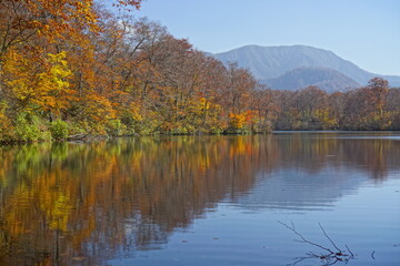 Beautiful lake reflection in autumn landscape at Northern Alps of Japan, Otari, Nagano