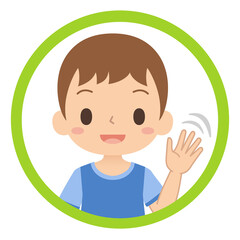 笑顔で手を振って挨拶する男の子のアイコン　子ども　イラスト