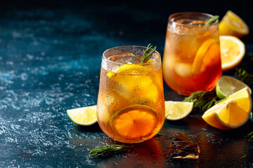 Iced tea with lemon, lime and ice garnished with rosemary.