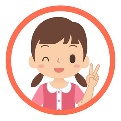 笑顔でピースサインをする女の子のアイコン　子ども　イラスト
